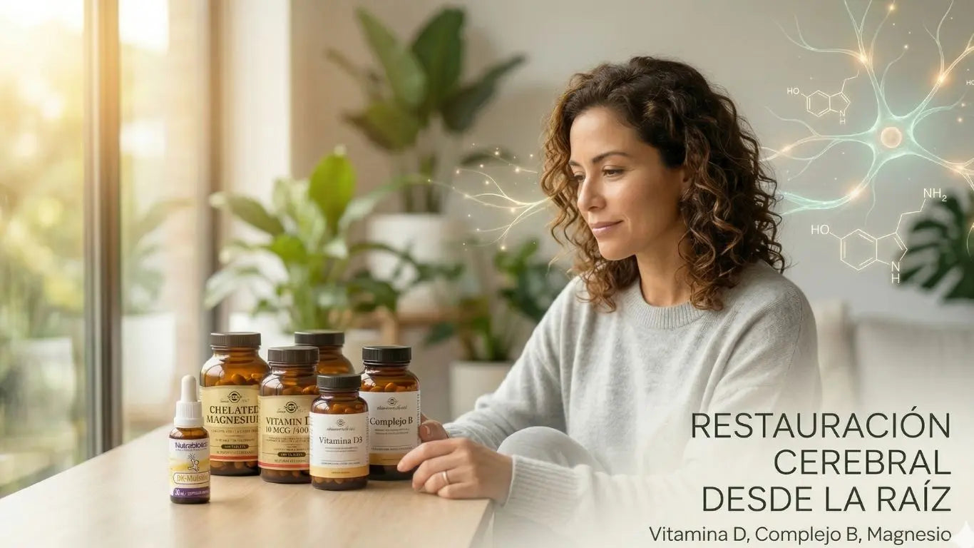 Mujer sana y esperanzada sosteniendo botellas de Vitamina D3, Complejo B y Magnesio Quelado de Alternativ Oficial, bajo una luz solar natural suave, con una visualización sutil de neural  ilustrando la restauración cerebral desde la raíz en el blog.