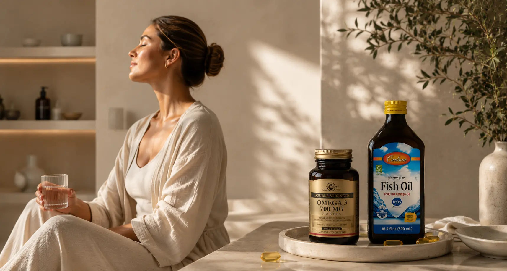 Mujer en ambiente wellness premium con suplementos Omega 3 Solgar y Carlson en espacio luxury spa de medicina integrativa y bienestar funcional.