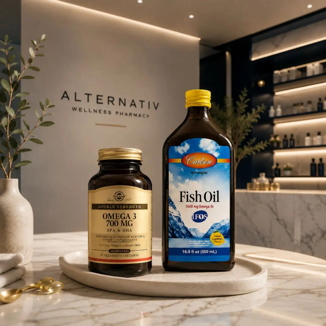 Omega 3 premium en Alternativ Wellness Pharmacy con suplementos Solgar Omega 3 y Carlson Fish Oil en ambiente luxury wellness minimalista y elegante.