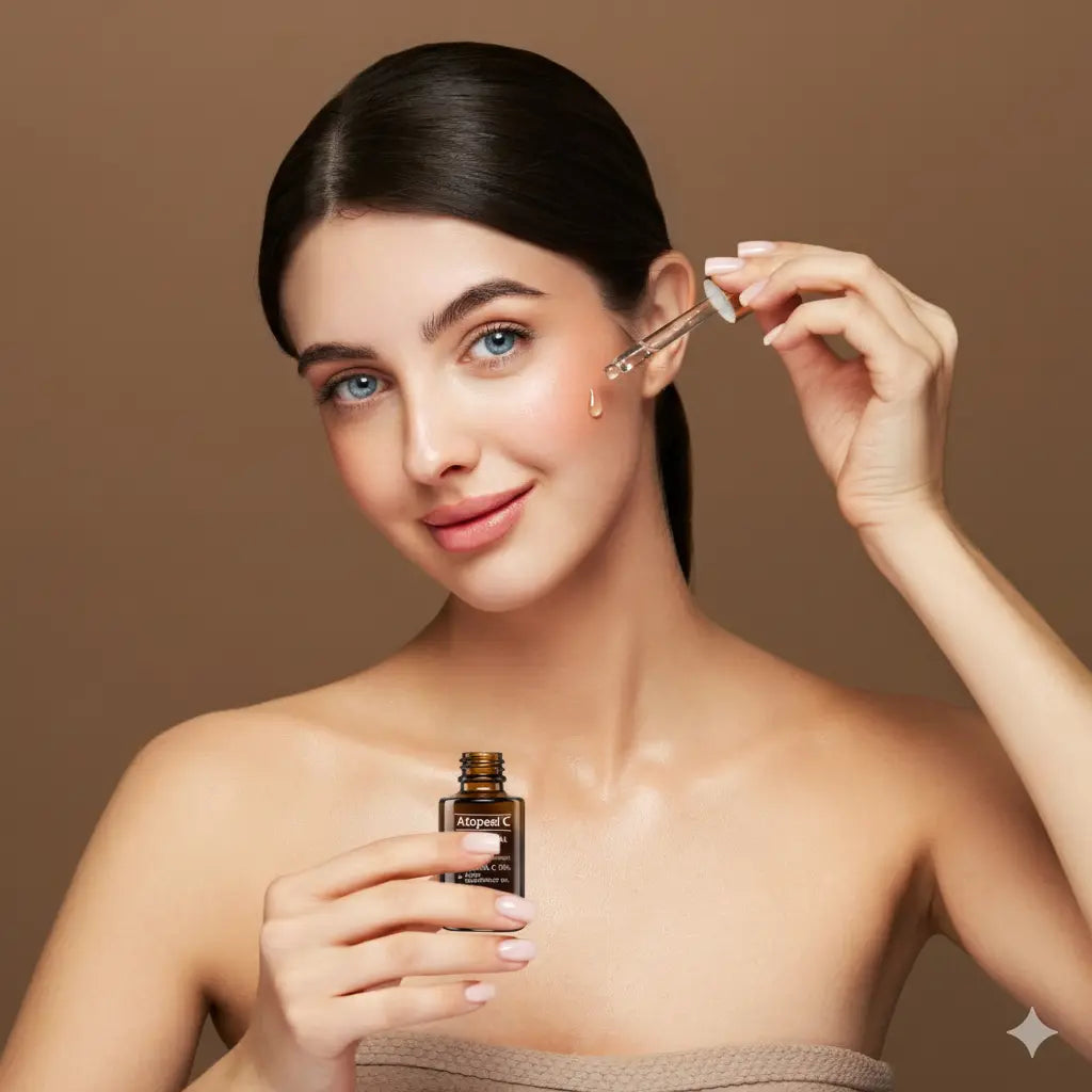 Mujer aplicando suero facial natural de Alternativ, dentro de su rutina de cuidado facial con cosmética natural antioxidante e ingredientes botánicos que promueven luminosidad y bienestar cutáneo.