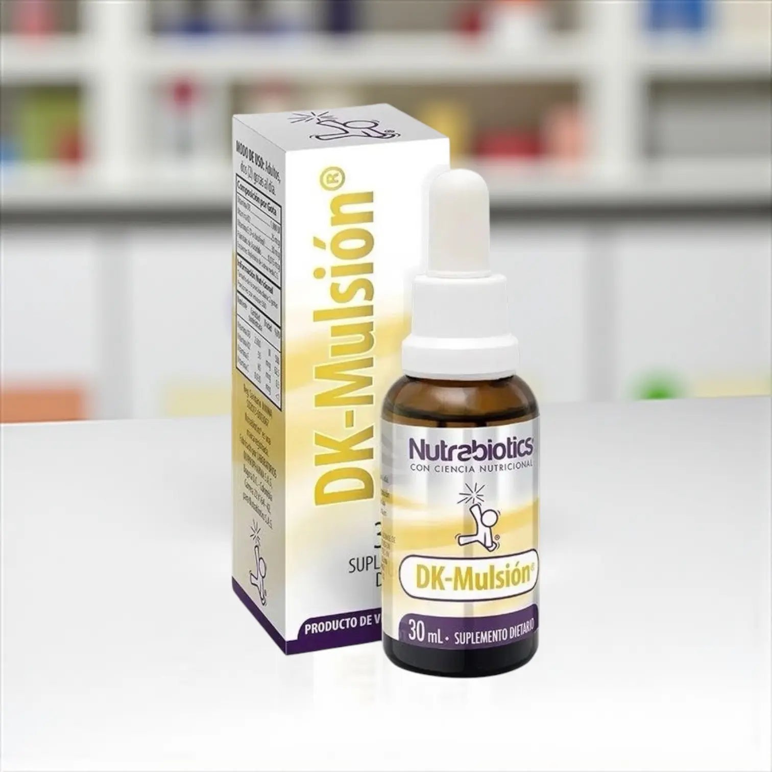 Suplemento dietario DK Mulsión de Nutrabiotics en frasco cuentagotas, con vitaminas D3 y K2. Producto nutricional de alta calidad disponible en la farmacia integrativa Alternativ.