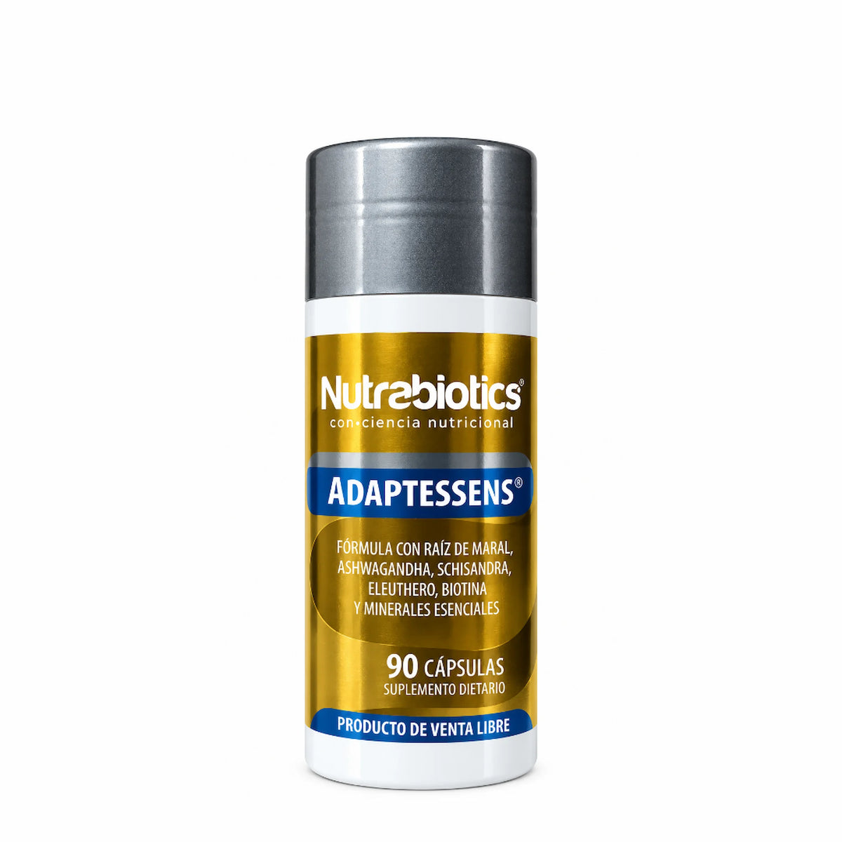 Frasco de Adaptessens® Nutrabiotics x 90 cápsulas, suplemento dietario con raíz de maral, ashwagandha, schisandra, eleuthero, biotina y minerales esenciales