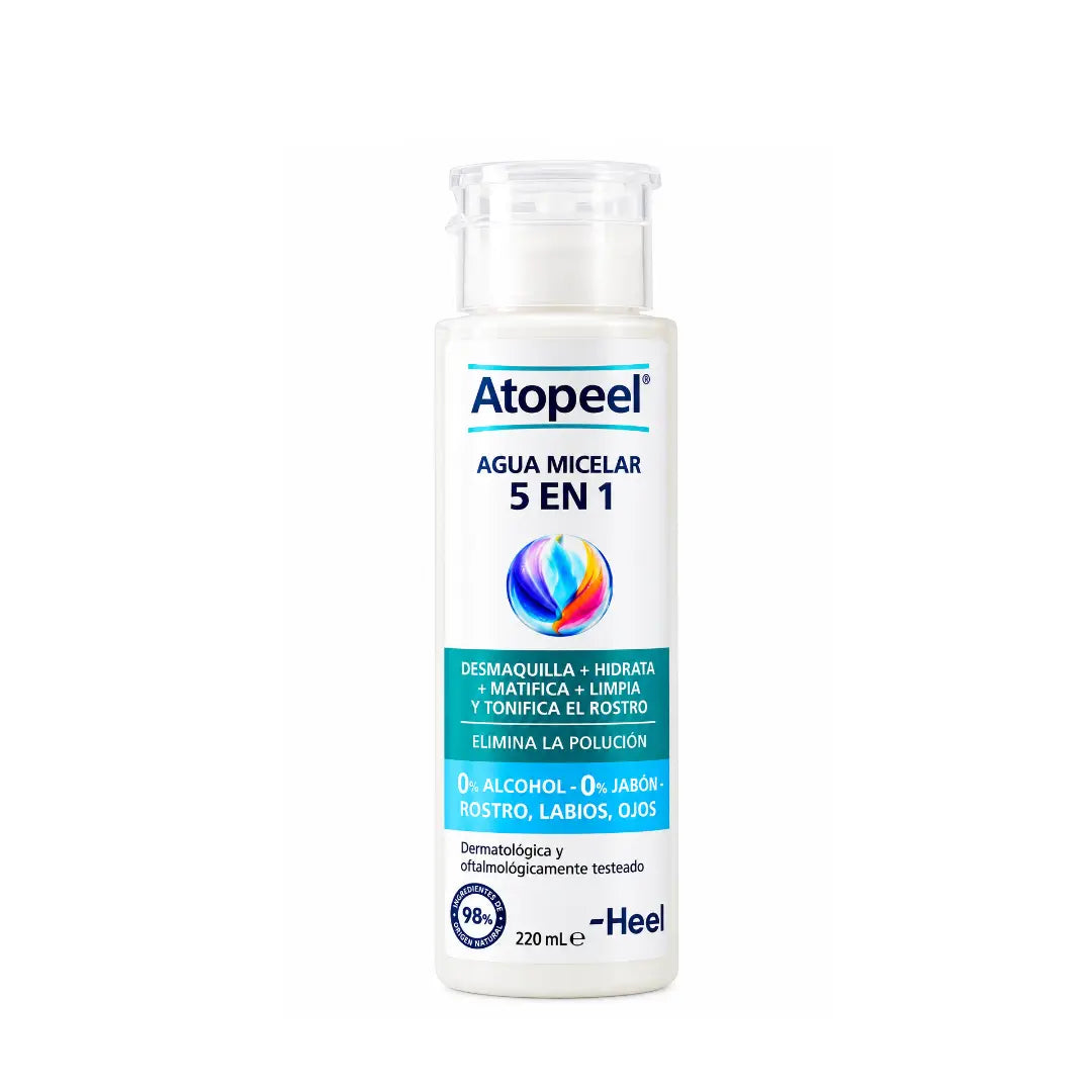 Agua Micelar 5 en 1 Atopeel Heel 220 ml – limpieza facial natural con Trehalose 100 y micelas suaves, disponible en Alternativ Colombia.