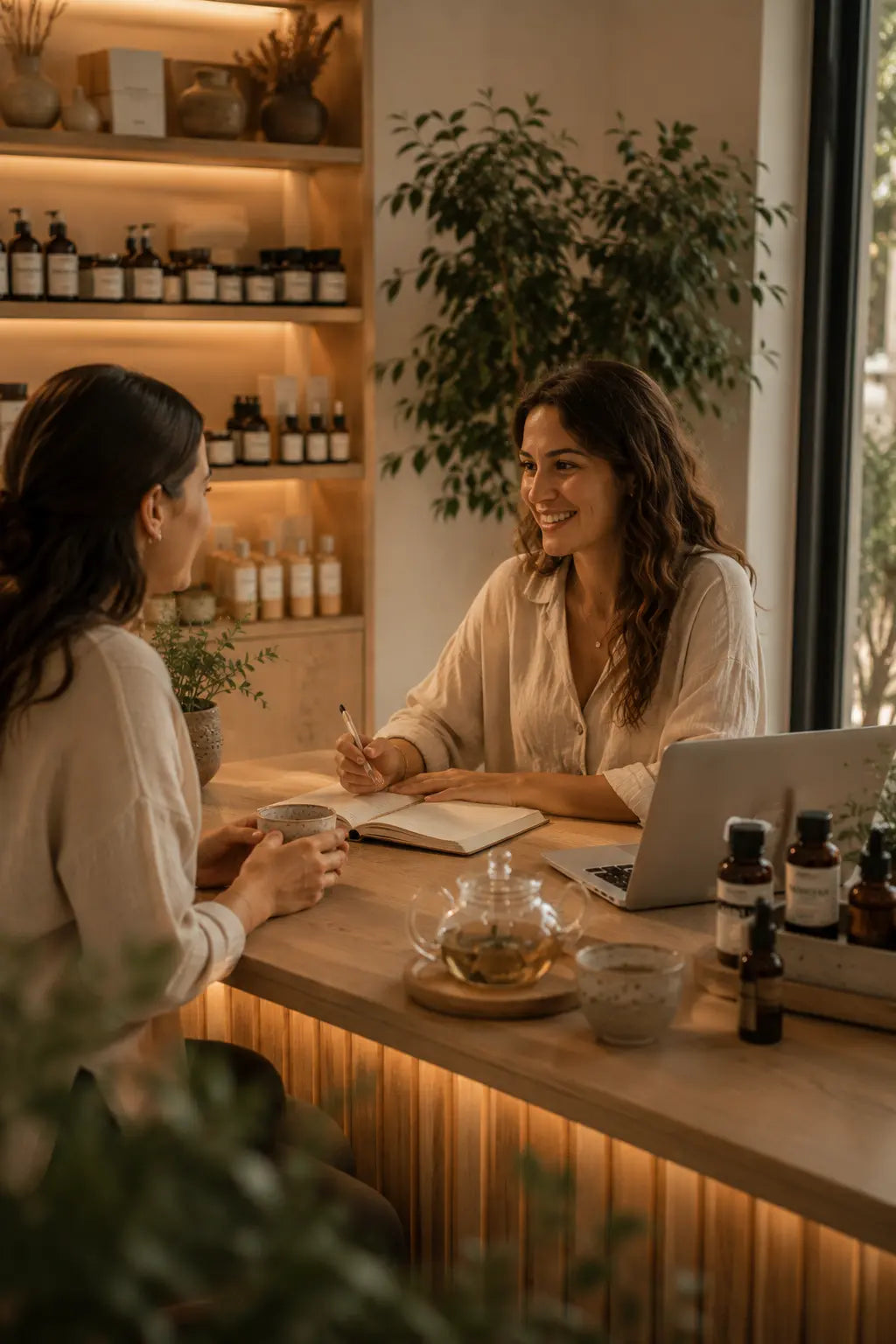 Asesoría wellness personalizada en espacio cálido y elegante con conversación cercana, té herbal y ambiente de bienestar natural.