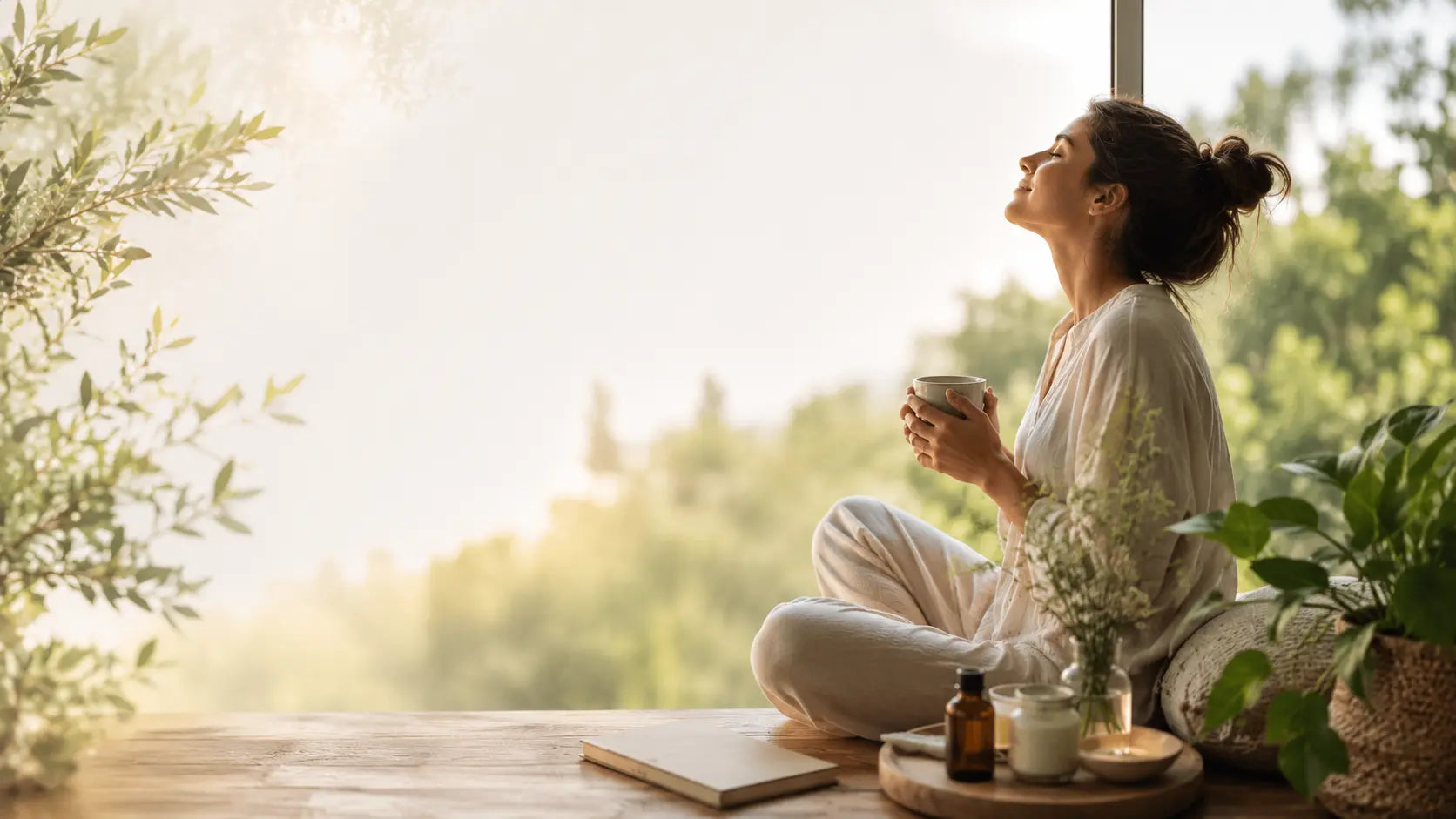 Mujer disfrutando un momento de bienestar con té herbal y luz natural en un ambiente wellness cálido y relajante.