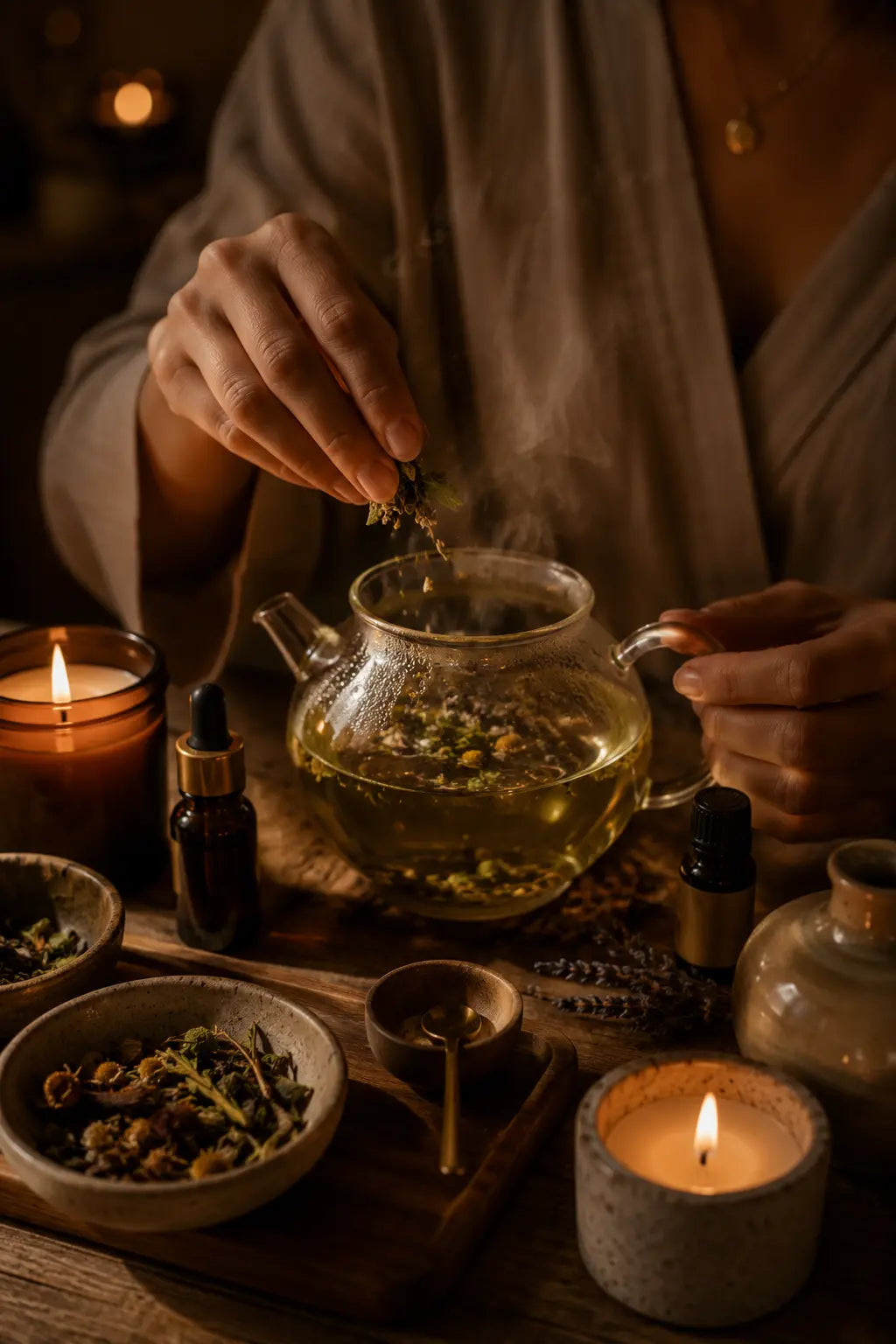 Ritual nocturno wellness con manos preparando una infusión herbal, vapor cálido, aceites esenciales y velas en ambiente premium relajante.