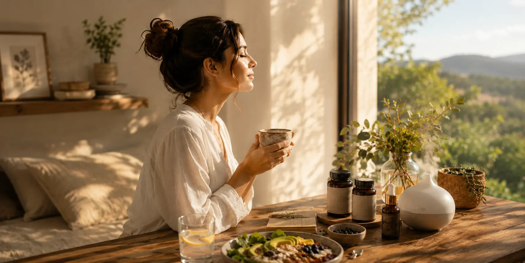 Mujer disfrutando un ritual de bienestar con té, suplementos naturales y luz cálida en un espacio wellness premium de AlterNativ.