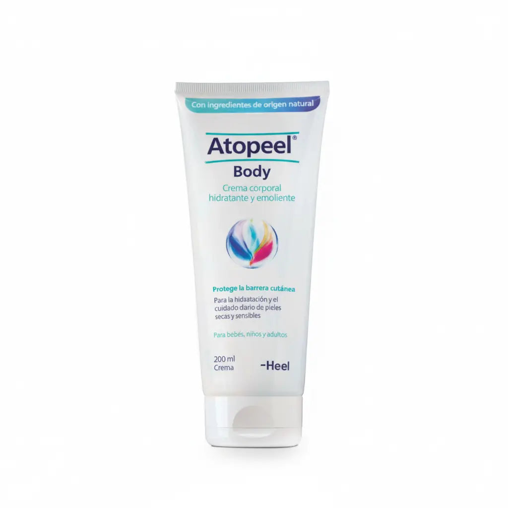 Frasco de Atopeel® Body, loción corporal natural con aceites vegetales y extractos antioxidantes que hidrata y mejora la elasticidad de la piel. Producto con Notificación Sanitaria INVIMA NSOC02548-20CO, distribuido por Alternativ.