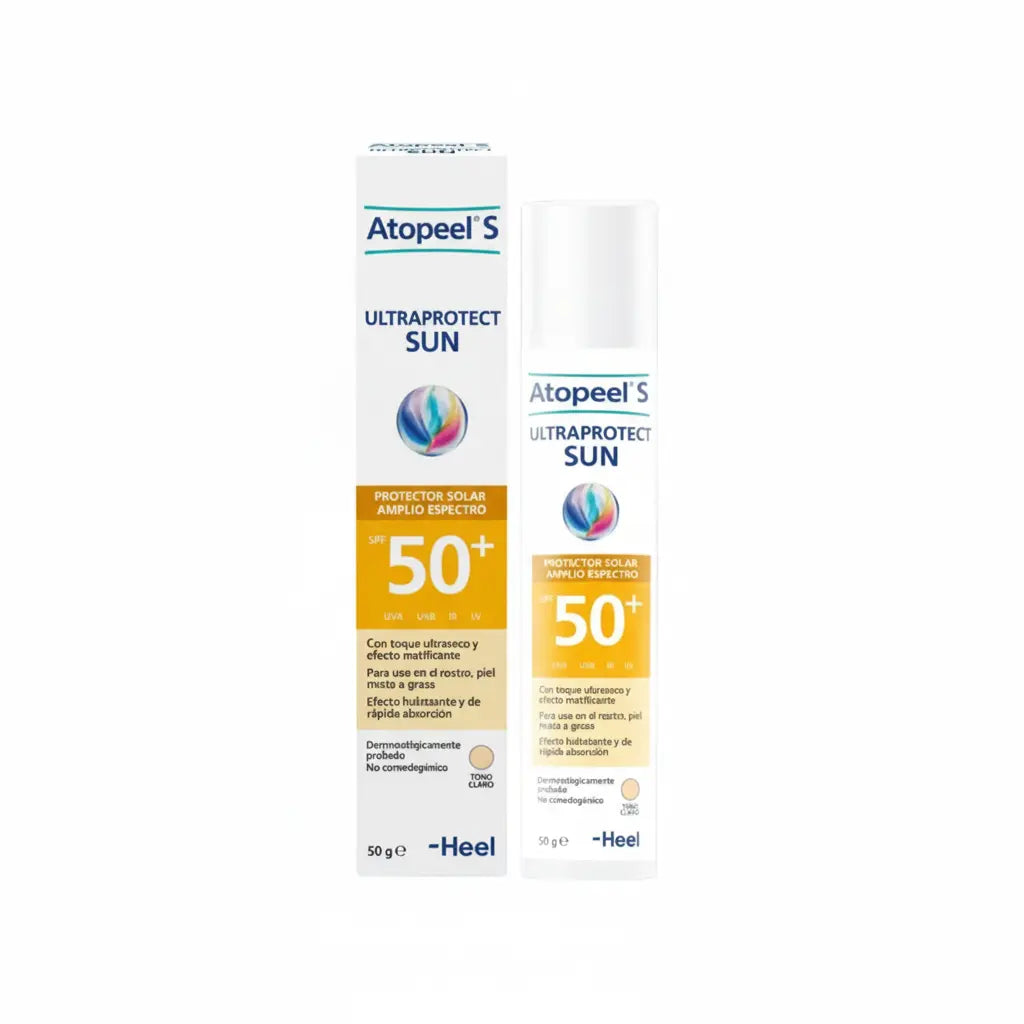 Atopeel S Ultra Protect Sun Tono Claro Heel 50 ml – protector solar facial natural SPF 50+ con ácido hialurónico disponible en Alternativ Colombia.