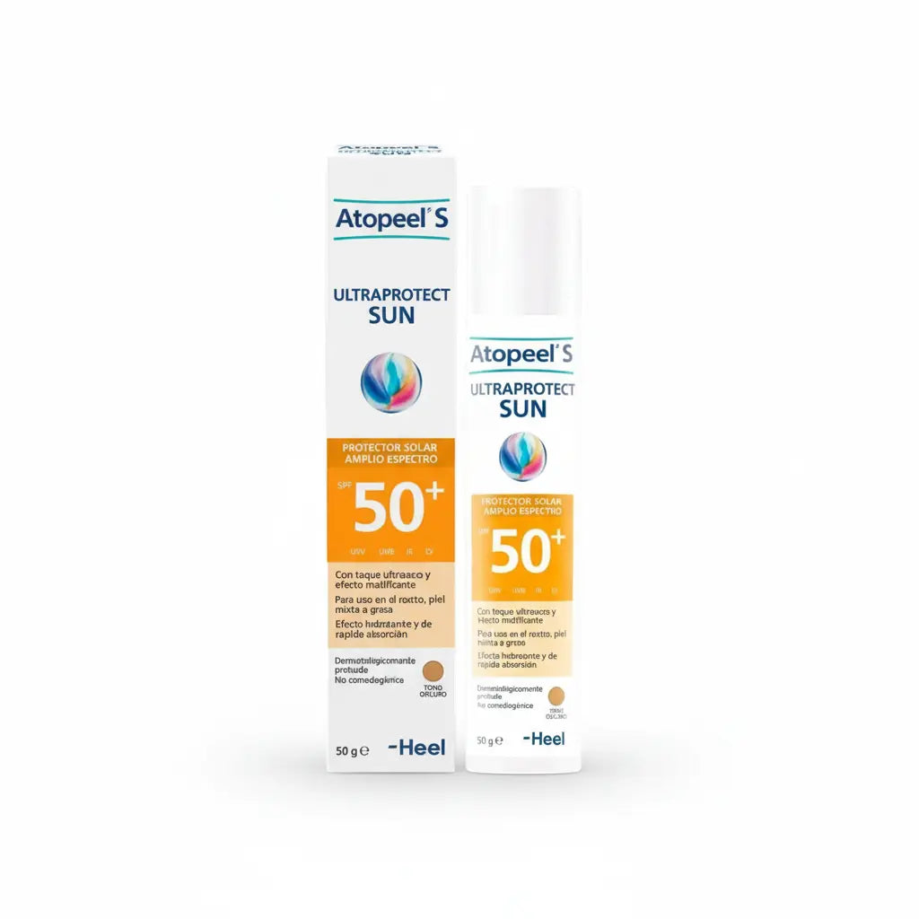 Atopeel S Ultra Protect Sun Tono Oscuro Heel 50 ml – protector solar facial natural SPF 50+ con ácido hialurónico disponible en Alternativ Colombia.