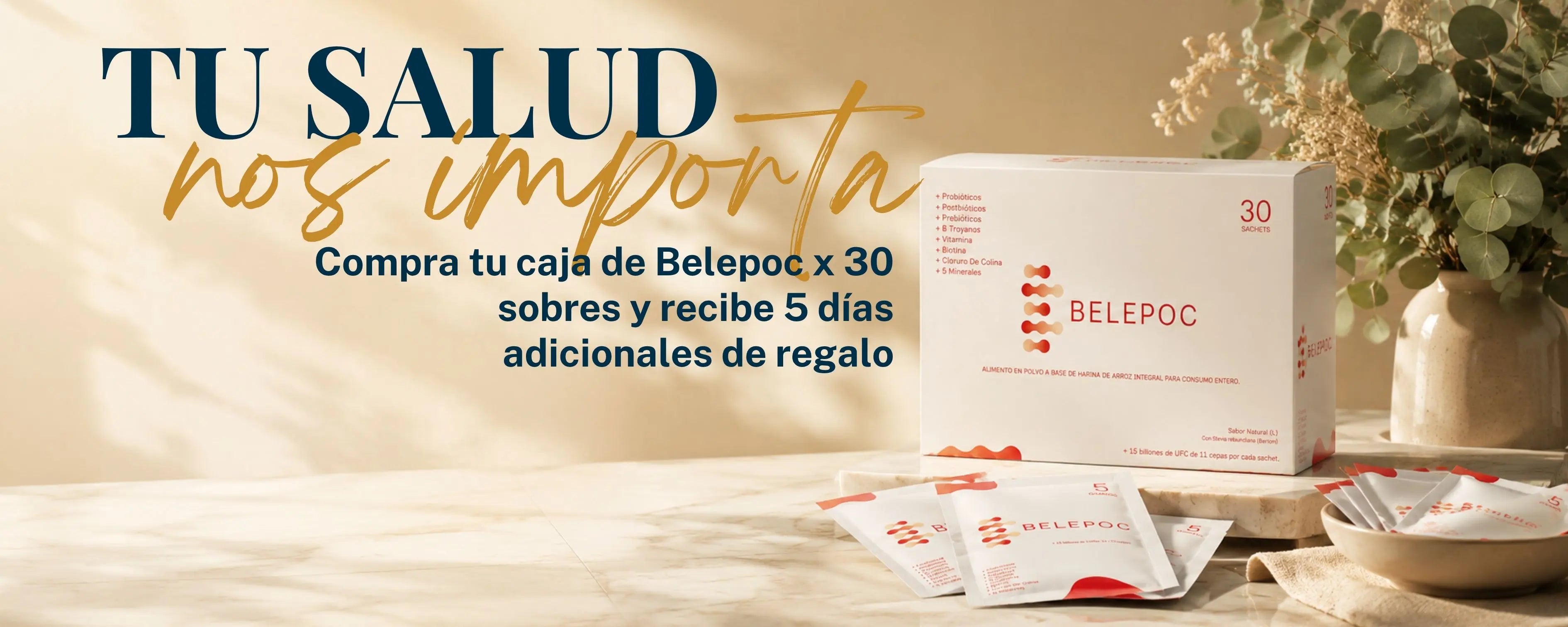 Caja de Belepoc probióticos, prebióticos y postbióticos x30 sobres con sachets abiertos sobre mármol, promoción 5 días de regalo AlterNativ