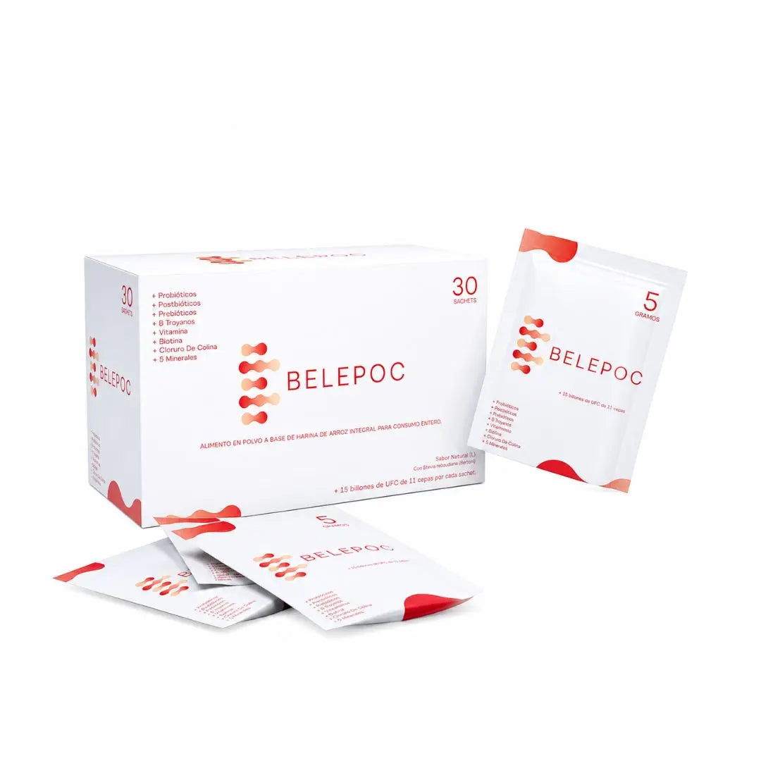 Belepoc sobres con probióticos, prebióticos y postbióticos para salud digestiva y microbiota intestinal