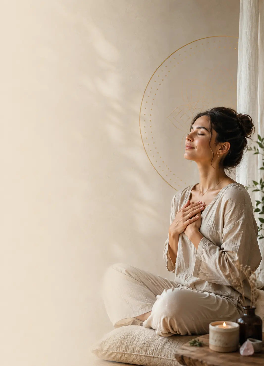 Mujer practicando respiración consciente y meditación en un ambiente cálido y natural, representando bienestar emocional, equilibrio mental, manejo del estrés y autocuidado con medicina integrativa de Alternativ.