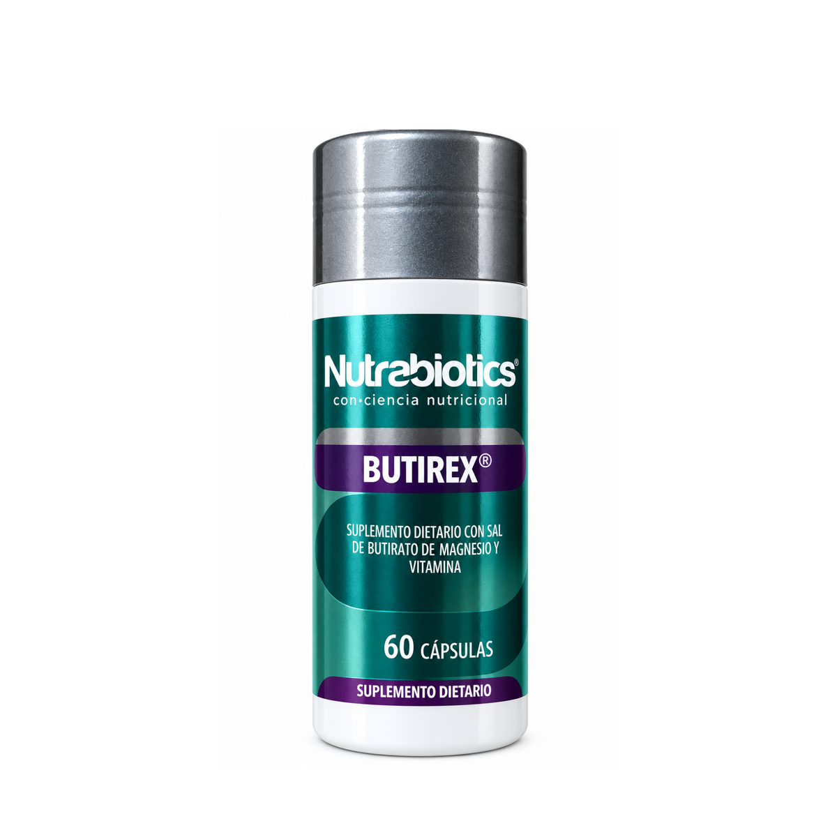 Frasco de Butirex® Nutrabiotics x 60 cápsulas, suplemento dietario con sal de butirato de magnesio y vitamina A