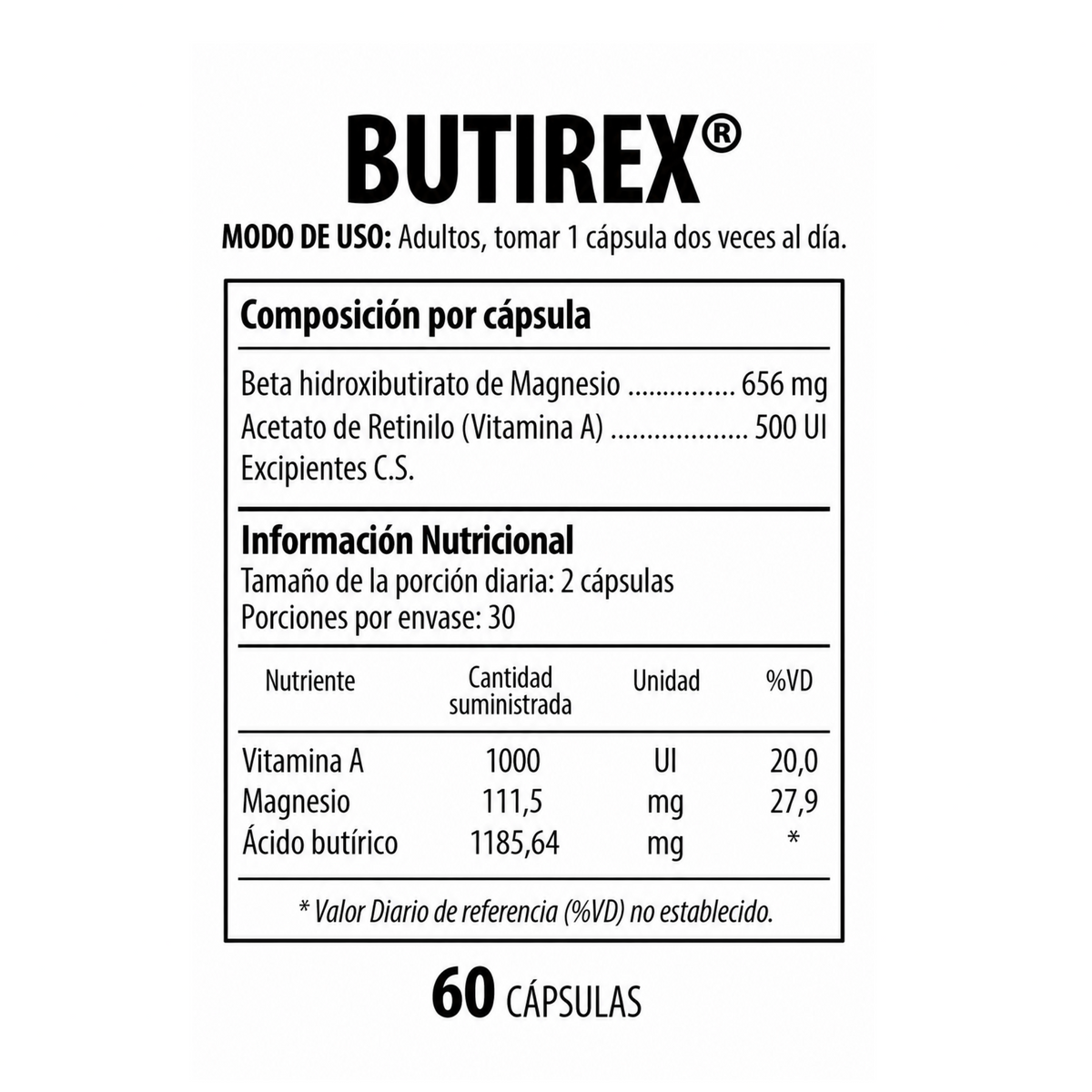 Tabla de composición por cápsula e información nutricional de Butirex® Nutrabiotics x 60 cápsulas con beta hidroxibutirato de magnesio y vitamina A