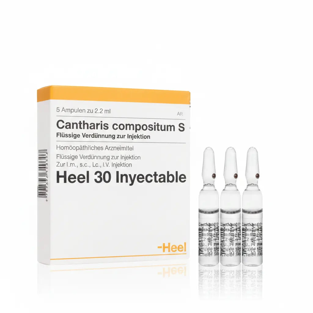 Cantharis Compositum Ampolla caja x 5 ampollas 2.2 mL medicamento homeopático con fórmula médica distribuido por Alternativ en Colombia