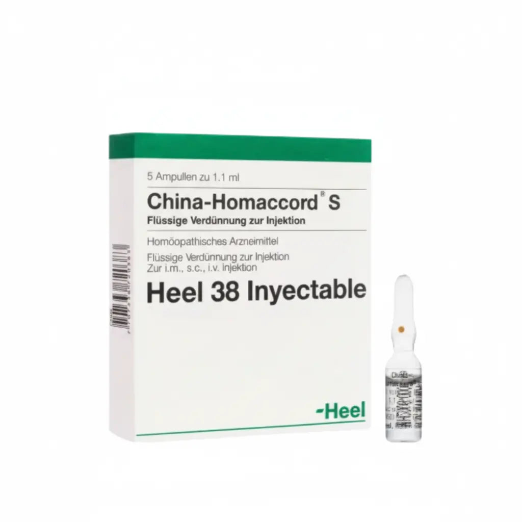 Imagen del producto China Homaccord Ampolla Heel, medicamento homeopático de prescripción médica indicado como apoyo en casos de agotamiento y debilidad general. Disponible en Farmacia Alternativ Colombia.