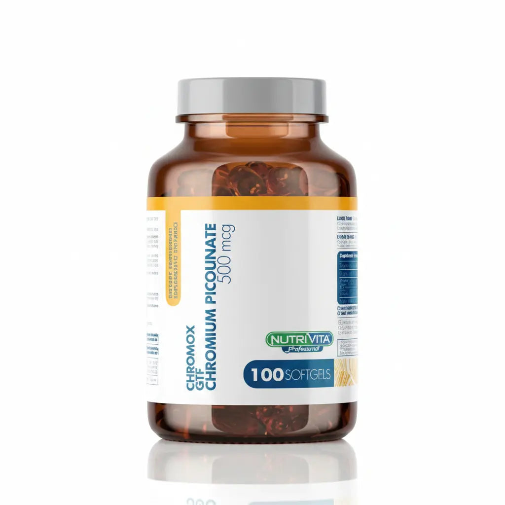 Chromox Chromium Picolinate 500 mcg Nutrivita 100 softgels suplemento dietario distribuido por Alternativ en Colombia