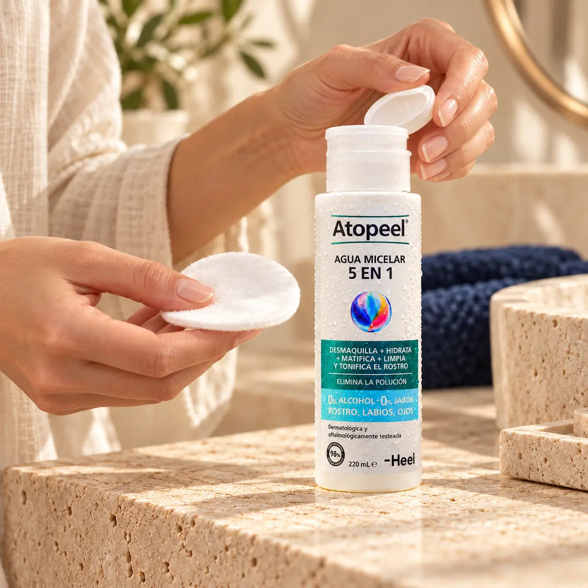 Manos abriendo el frasco de Agua Micelar Atopeel con un disco de algodón listo para usar