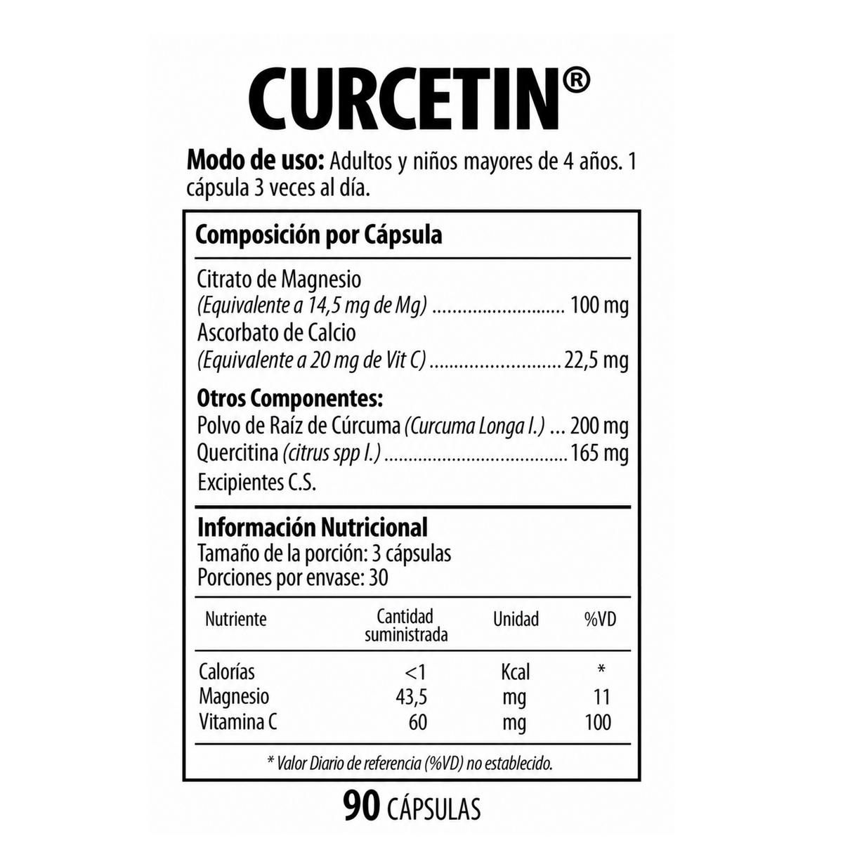Tabla de composición por cápsula e información nutricional de Curcetin® Nutrabiotics x 90 cápsulas con raíz de cúrcuma, quercetina, citrato de magnesio y vitamina C