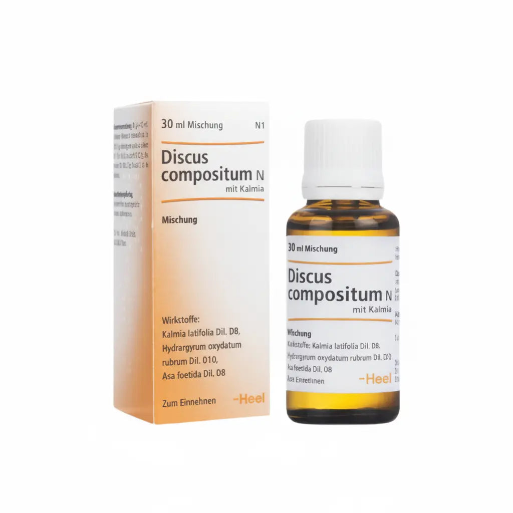 Discus Compositum N mit Kalmia Gotas Heel – medicamento homeopático alemán distribuido por Alternativ, farmacia especializada en medicina integrativa en Colombia.