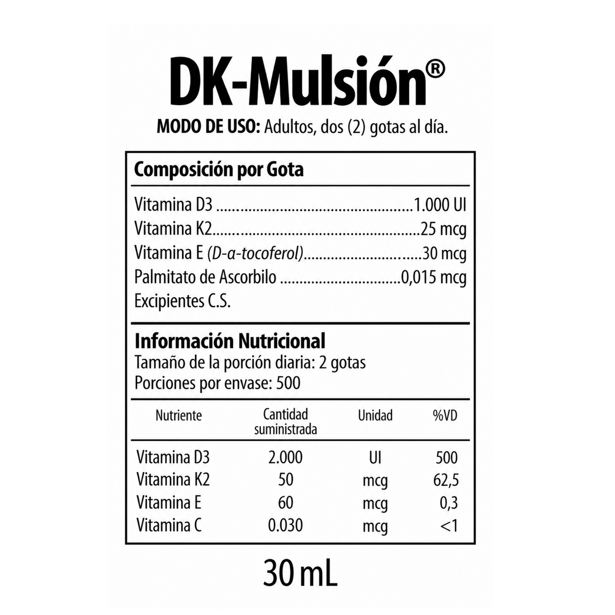 Tabla de composición por gota e información nutricional de DK-Mulsión® Nutrabiotics x 30 mL con vitamina D3, vitamina K2 y vitamina E