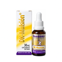 DK-Mulsión® Nutrabiotics, frasco gotero de 30 mL junto a su caja, suplemento dietario con vitaminas D3 y K2
