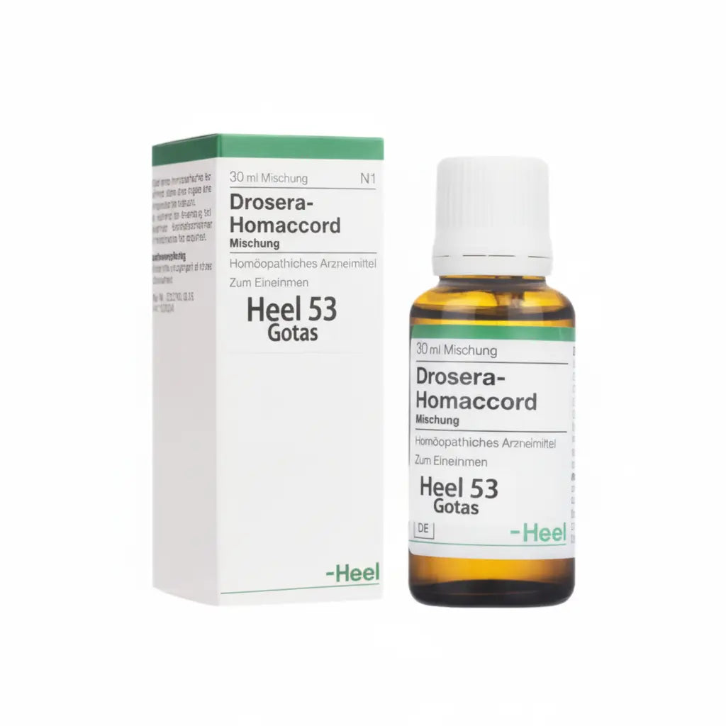 Drosera Homaccord Gotas Heel – medicamento homeopático alemán para apoyo respiratorio, distribuido por Alternativ, farmacia integrativa en Colombia.