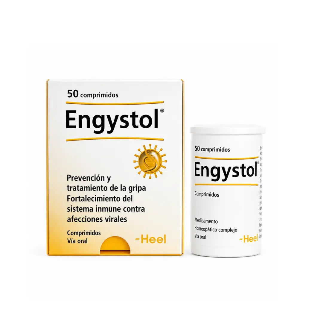 Caja de Engystol® Heel 50 tabletas, medicamento homeopático de venta libre indicado como apoyo al sistema inmune y bienestar general, distribuido por Alternativ.