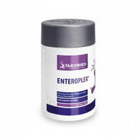 Frasco de Enteroplex® Nutrabiotics, suplemento dietario en polvo con L-Glutamina, Aloe vera y Vitamina A, diseñado para apoyar la salud intestinal y el bienestar digestivo, distribuido por Alternativ.