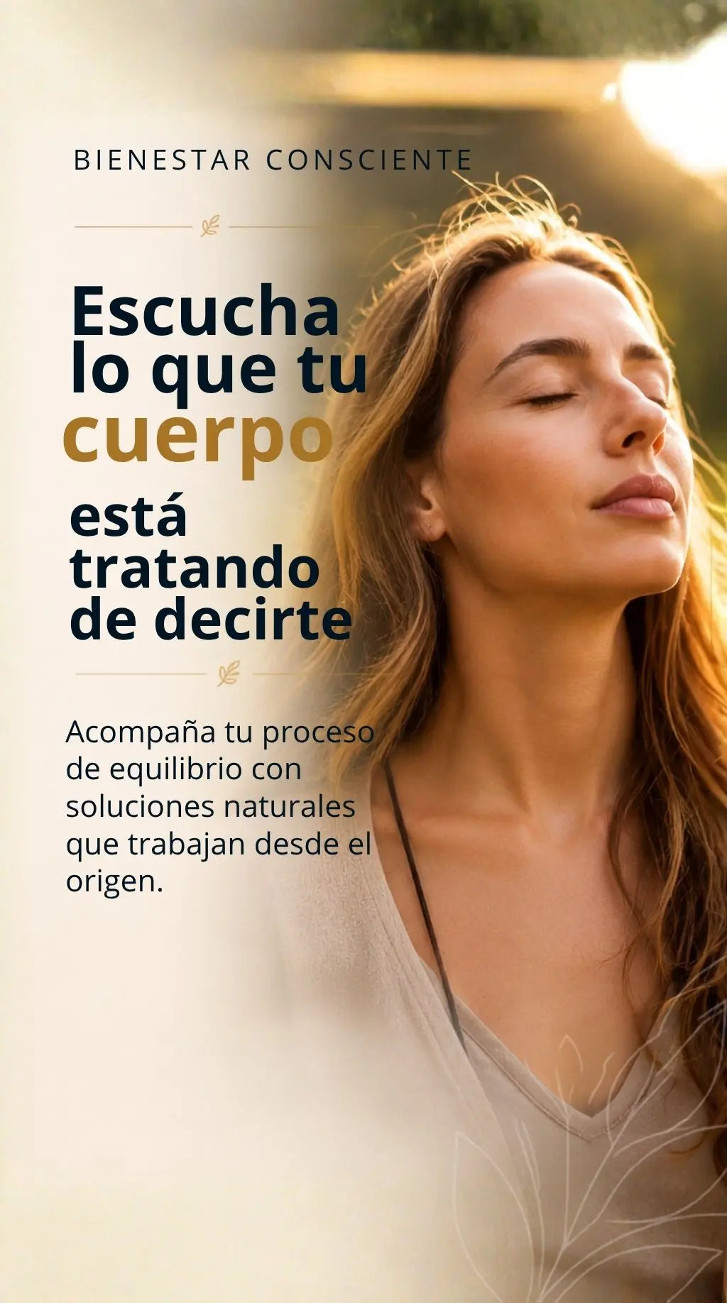 Mujer en un entorno natural practicando bienestar consciente, invitando a escuchar las señales del cuerpo y promover el equilibrio integral mediante medicina integrativa y soluciones naturales de Alternativ.