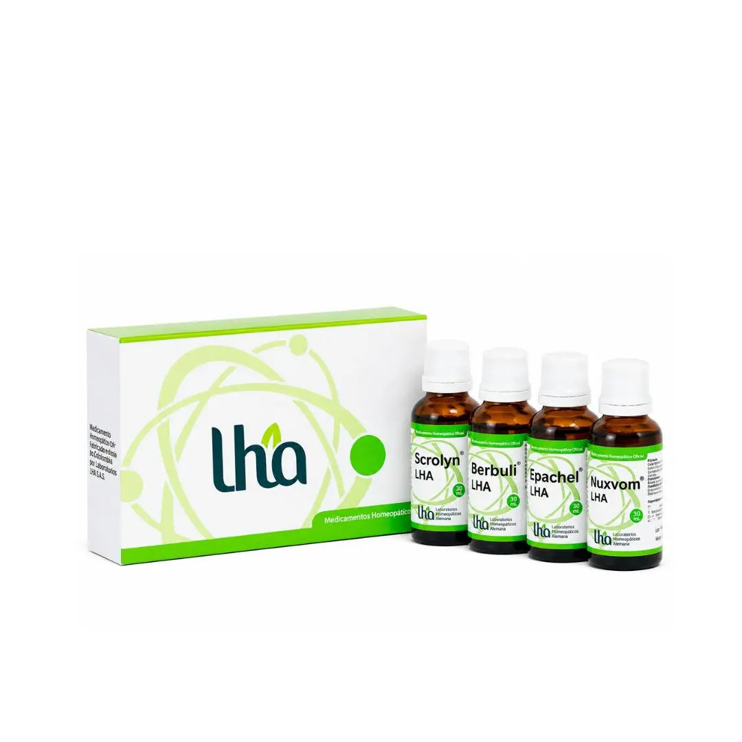 Estuche Homeopático LHA con Scrolyn, Berbull, Epachel y Nuxvom en gotas elaborado por Laboratorios LHA y disponible en Alternativ Colombia.