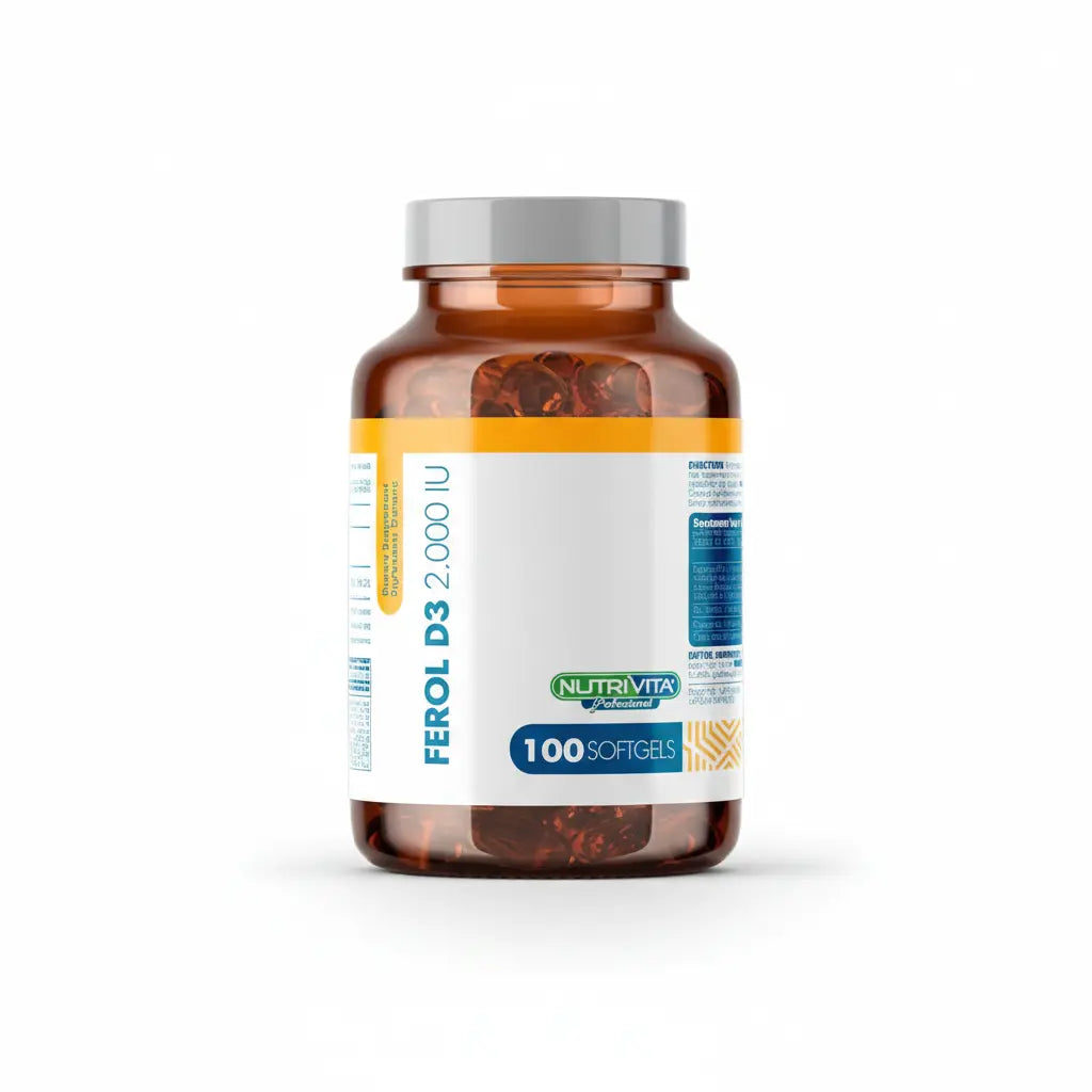 Ferol D3 2000 IU Nutrivita 100 softgels, suplemento dietario con vitamina D3 distribuido por Alternativ en Colombia
