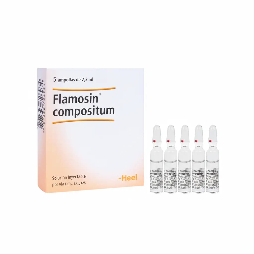 Imagen del producto Flamosin (Mucosa) Compositum Ampolla Heel, medicamento homeopático de prescripción médica elaborado por Heel y distribuido por Farmacia Alternativ Colombia.
