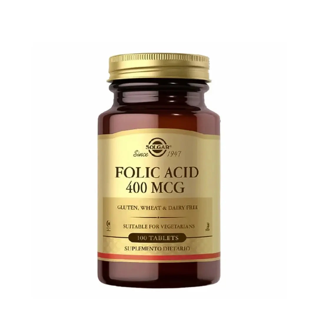 Folic Acid 400 mcg Solgar – Suplemento dietario con ácido fólico puro, vitamina del complejo B. Distribuido por Alternativ SAS, farmacia integrativa en Colombia.