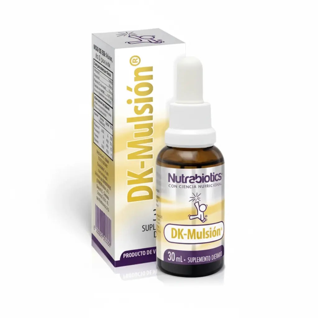 Frasco del suplemento dietario DK Mulsion® Nutrabiotics con Vitaminas D3 y K2. Emulsión líquida de alta absorción distribuida por Alternativ Colombia para el bienestar óseo y muscular.