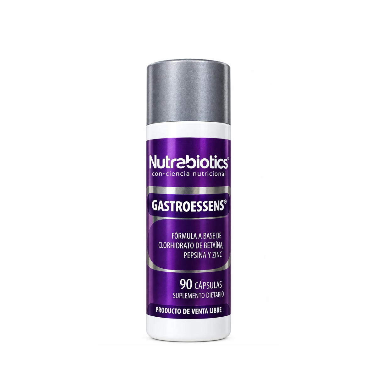 Frasco de Gastroessens® Nutrabiotics x 90 cápsulas, suplemento dietario con betaína HCl, pepsina y zinc