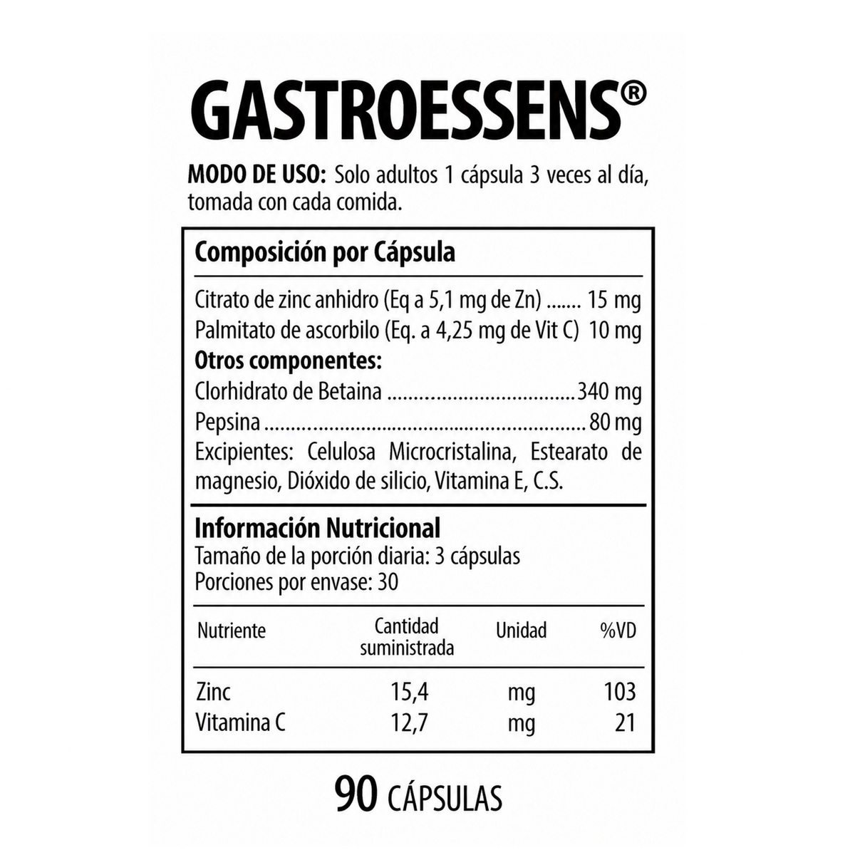 Tabla de composición por cápsula e información nutricional de Gastroessens® Nutrabiotics x 90 cápsulas con clorhidrato de betaína, pepsina, zinc y vitamina C