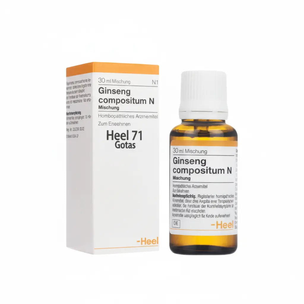 Ginseng Compositum Gotas Heel – medicamento homeopático alemán que apoya el equilibrio energético y el bienestar metabólico, distribuido por Alternativ SAS en Colombia.