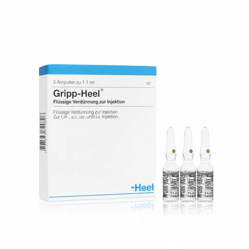 Gripp Heel Ampolla caja x 5 ampollas 1.1 mL medicamento homeopático con fórmula médica distribuido por Alternativ en Colombia