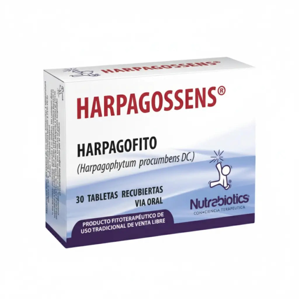 Caja de Harpagossens® Nutrabiotics, fitoterapéutico con extracto de Harpagophytum procumbens, usado como coadyuvante en artritis, osteoartritis y dolor muscular, distribuido por Alternativ.