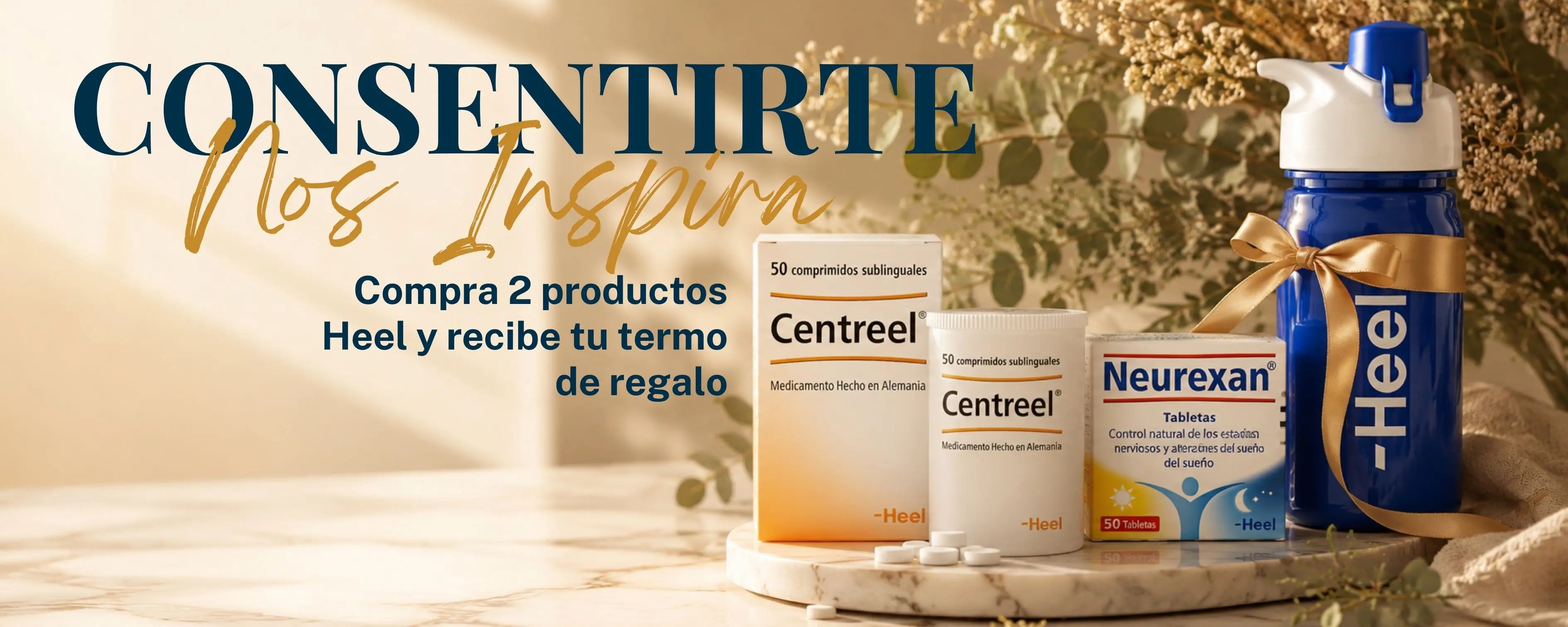 Cajas de Centreel y Neurexan Laboratorio Heel junto a termo azul de regalo con moño dorado, promoción compra 2 productos Heel y recibe tu termo AlterNativ