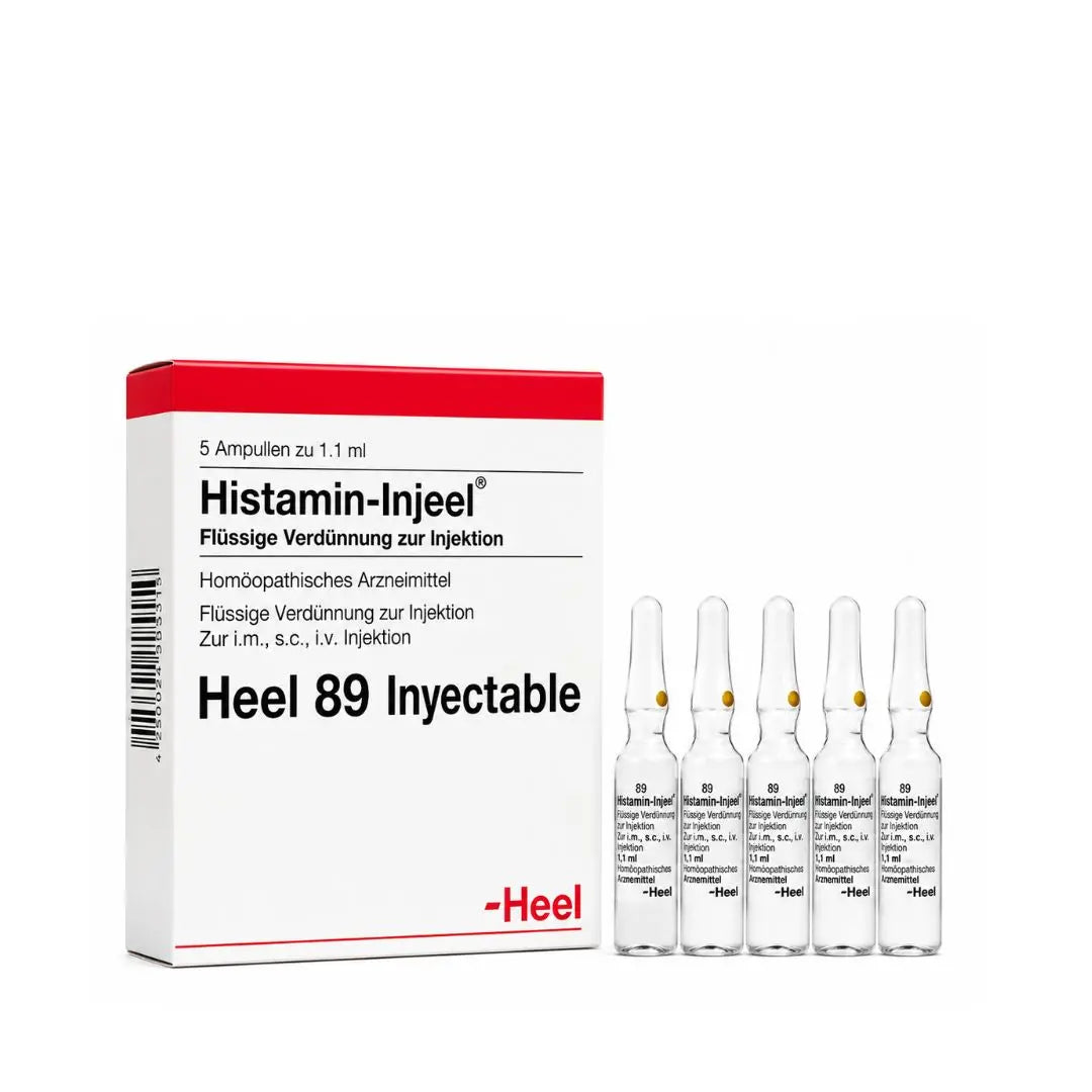 Histamin-Injeel Heel 89 Inyectable 1.1 mL, caja con 5 ampollas de medicamento homeopático Heel. Solución inyectable para uso profesional, presentada con las cinco ampollas sobre fondo blanco.