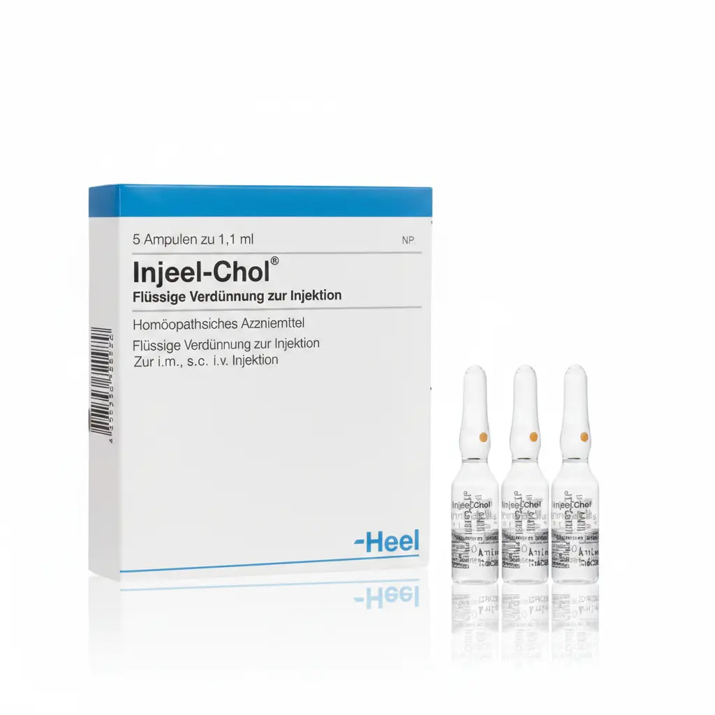 Injeel Chol Ampolla caja x 5 ampollas 1.1 mL medicamento homeopático con fórmula médica distribuido por Alternativ en Colombia