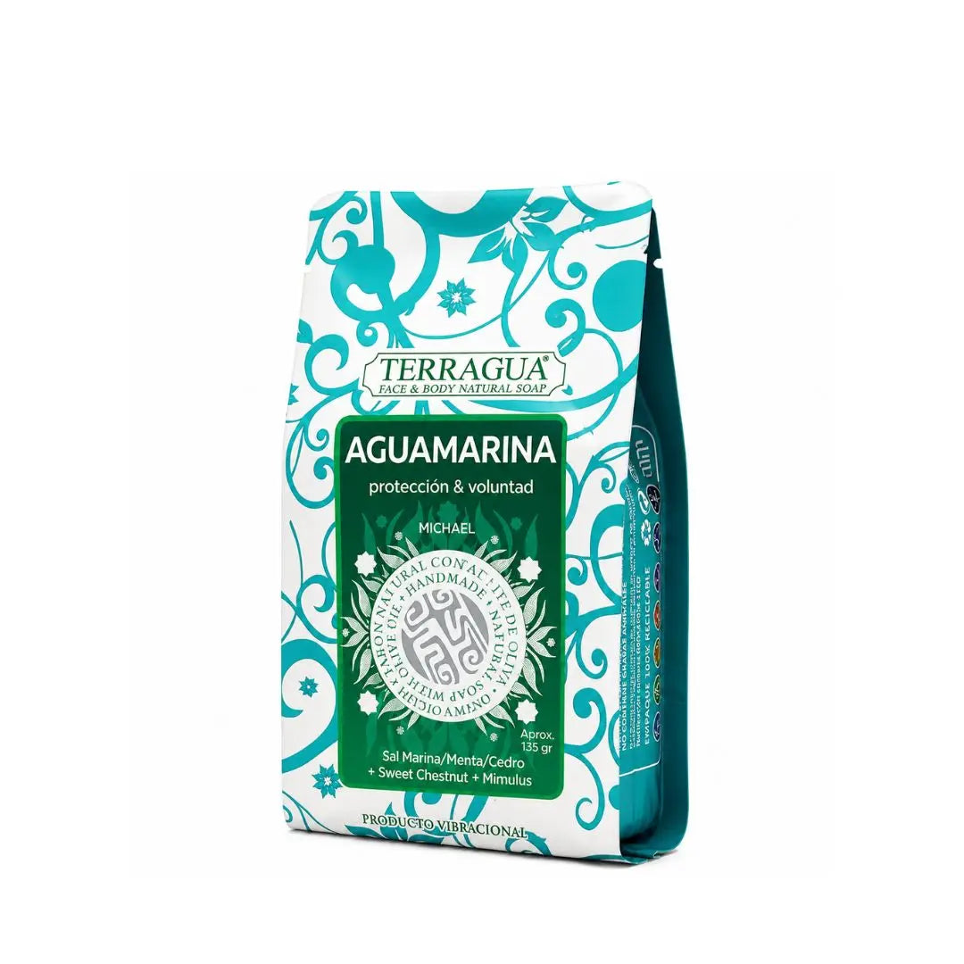 Jabón natural Aguamarina Terragua con ingredientes botánicos para cuidado de la piel