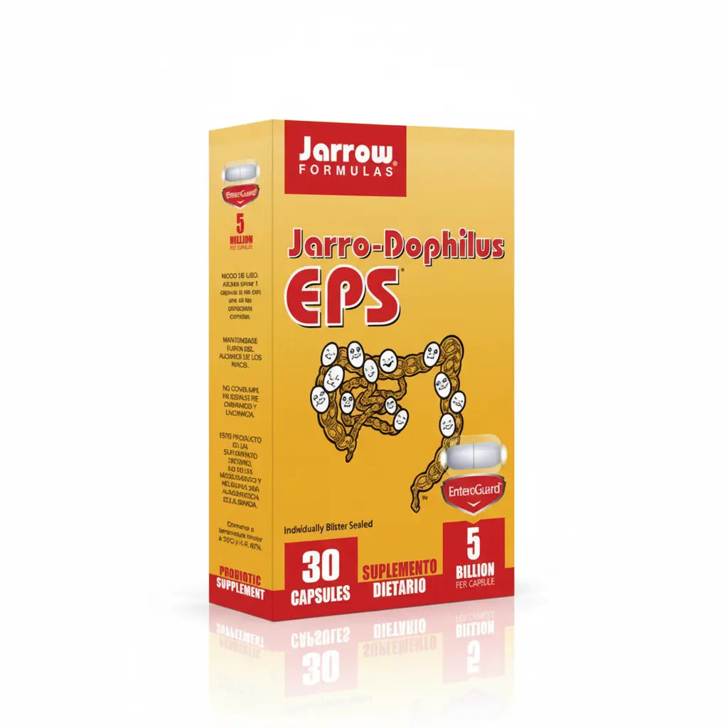 Caja de Jarro-Dophilus EPS®, suplemento dietario con 8 cepas probióticas que apoyan la microbiota intestinal y el bienestar digestivo, distribuido por Alternativ.