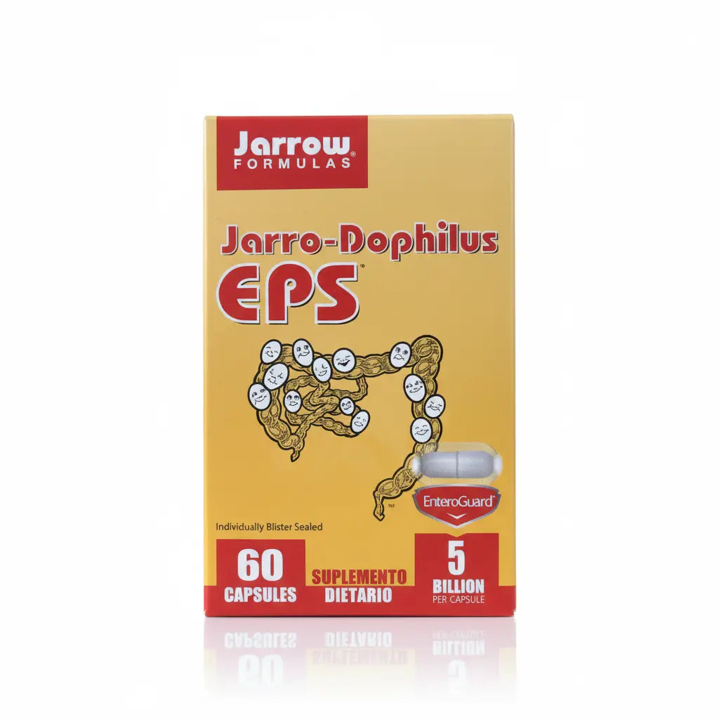 Caja de Jarro-Dophilus EPS®, suplemento dietario con 8 cepas probióticas que apoyan la microbiota intestinal y el bienestar digestivo, distribuido por Alternativ.