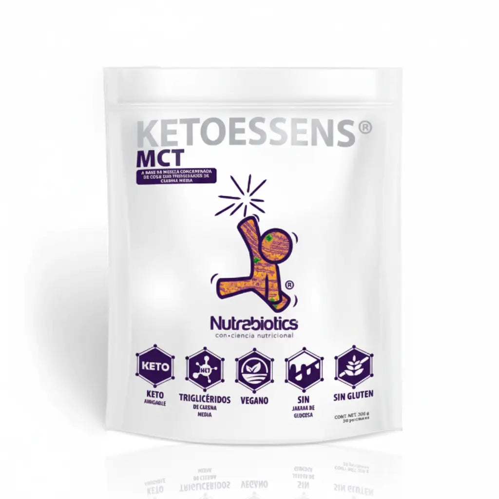 Bolsa de Ketoessens® Nutrabiotics, alimento funcional a base de coco con triglicéridos de cadena media C8 y C10, fuente natural de energía metabólica, distribuido por Alternativ.