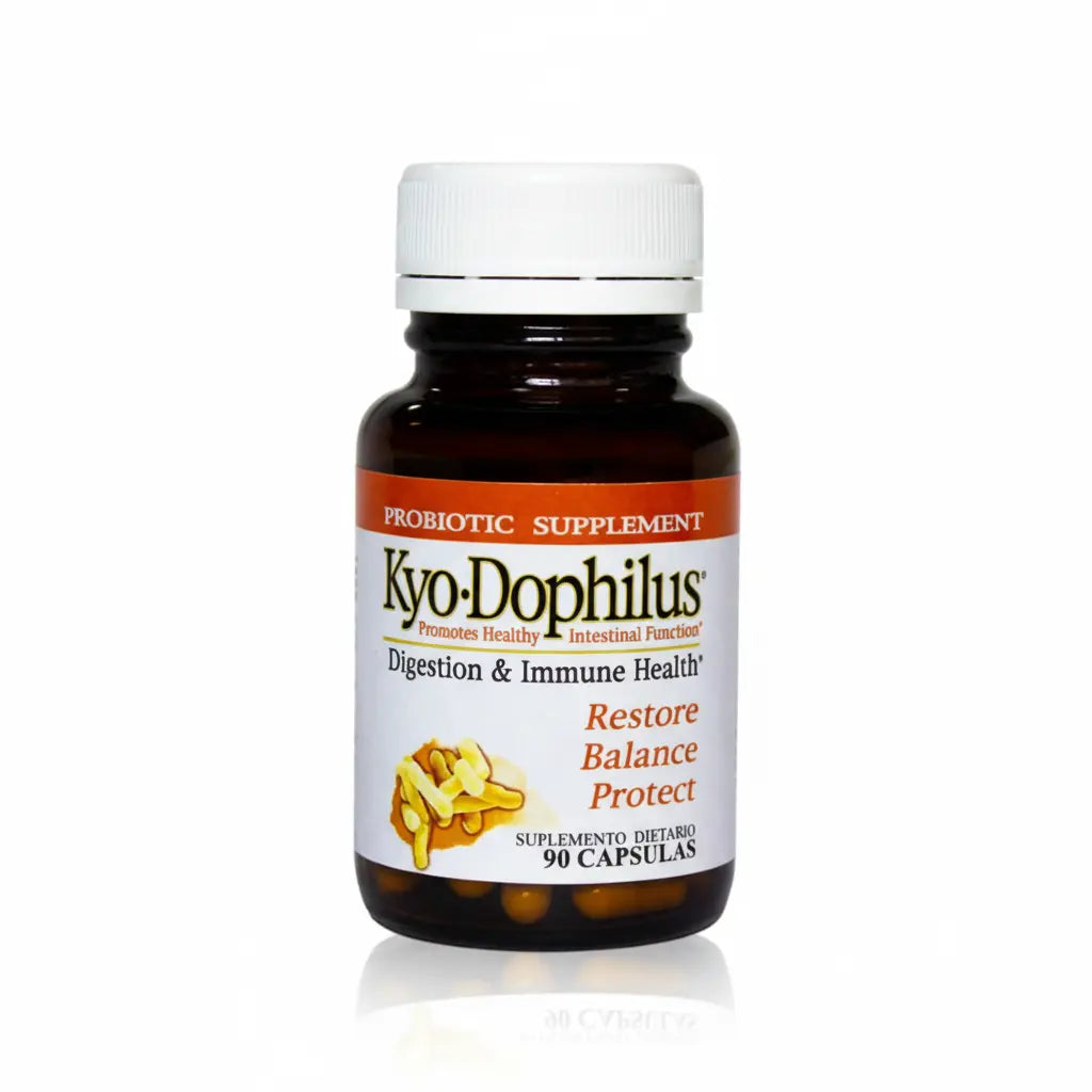 Frasco de Kyo-Dophilus® Probióticos, suplemento dietario con Lactobacillus acidophilus, Bifidobacterium bifidum y Bifidobacterium longum para el equilibrio de la microbiota intestinal, distribuido por Alternativ.