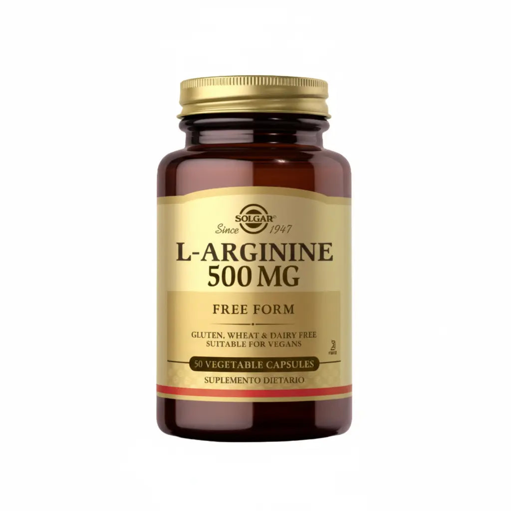 L-Arginine 500 mg Solgar – Suplemento dietario con L-arginina pura, aminoácido condicionalmente esencial. Distribuido por Alternativ SAS, farmacia integrativa en Colombia.